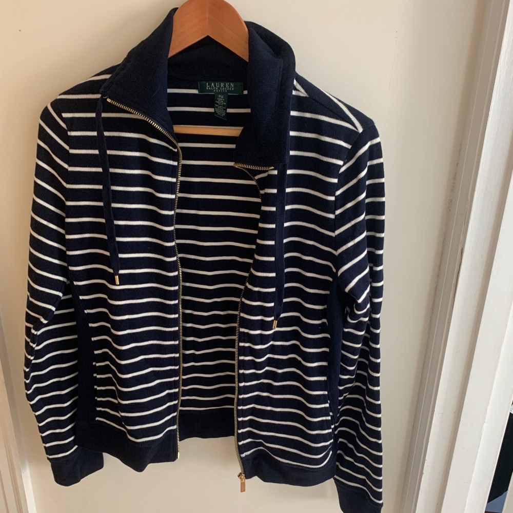 Ralph Lauren full zip striped navy sweater